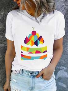 1 Piece Of Women's Summer T-Shirt, Short Sleeve And Printed, Modern And Casual, Machine Washable, Comfortable Fit, 2D Flat Print, 180g, 100% Cotton. - 白色_04 - 查看 12