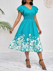 Vestido midi casual  Lady, cuello V, mangas con volantes, cintura fruncida, estampado floral, verano - Light Beige - Ver 6