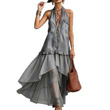 Vintage Halter Neck Faux Denim Sleeveless Shirt Dress With Mesh Splicing And Irregular Hem For A Resort Look - Light Blue - View 6