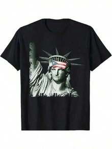 Puerto Rico Statue Of Liberty Printed T-Shirt, 1 Piece, 100% Cotton, Men's Seasonal Casual T-Shirt, Pure Cotton Short Sleeve Crew Neck T-Shirt, Holiday Gift - 黑色 - 查看 1