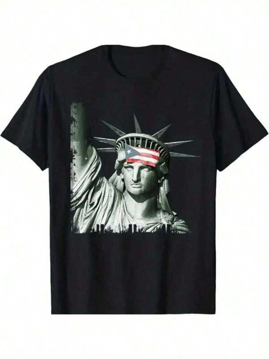Puerto Rico Statue Of Liberty Printed T-Shirt, 1 Piece, 100% Cotton, Men's Seasonal Casual T-Shirt, Pure Cotton Short Sleeve Crew Neck T-Shirt, Holiday Gift - 黑色 - 查看 1