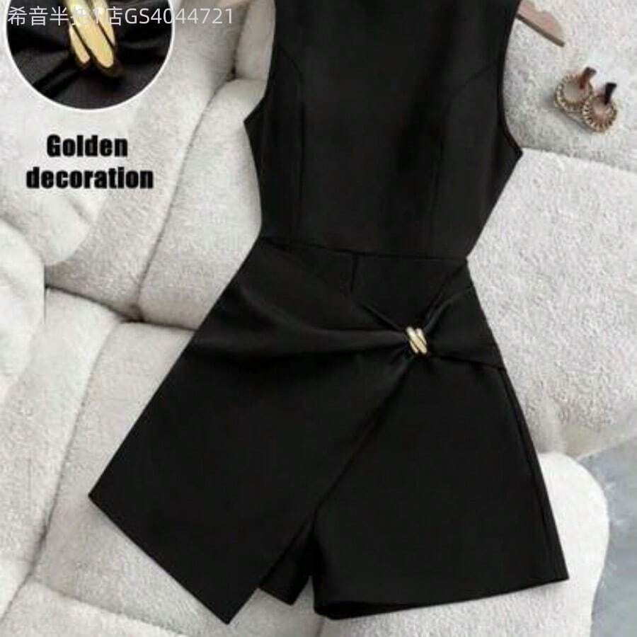 MewMuse. Mono ajustado sin mangas con cuello redondo y decoración de giro de metal para mujer - Negro - Ver 1