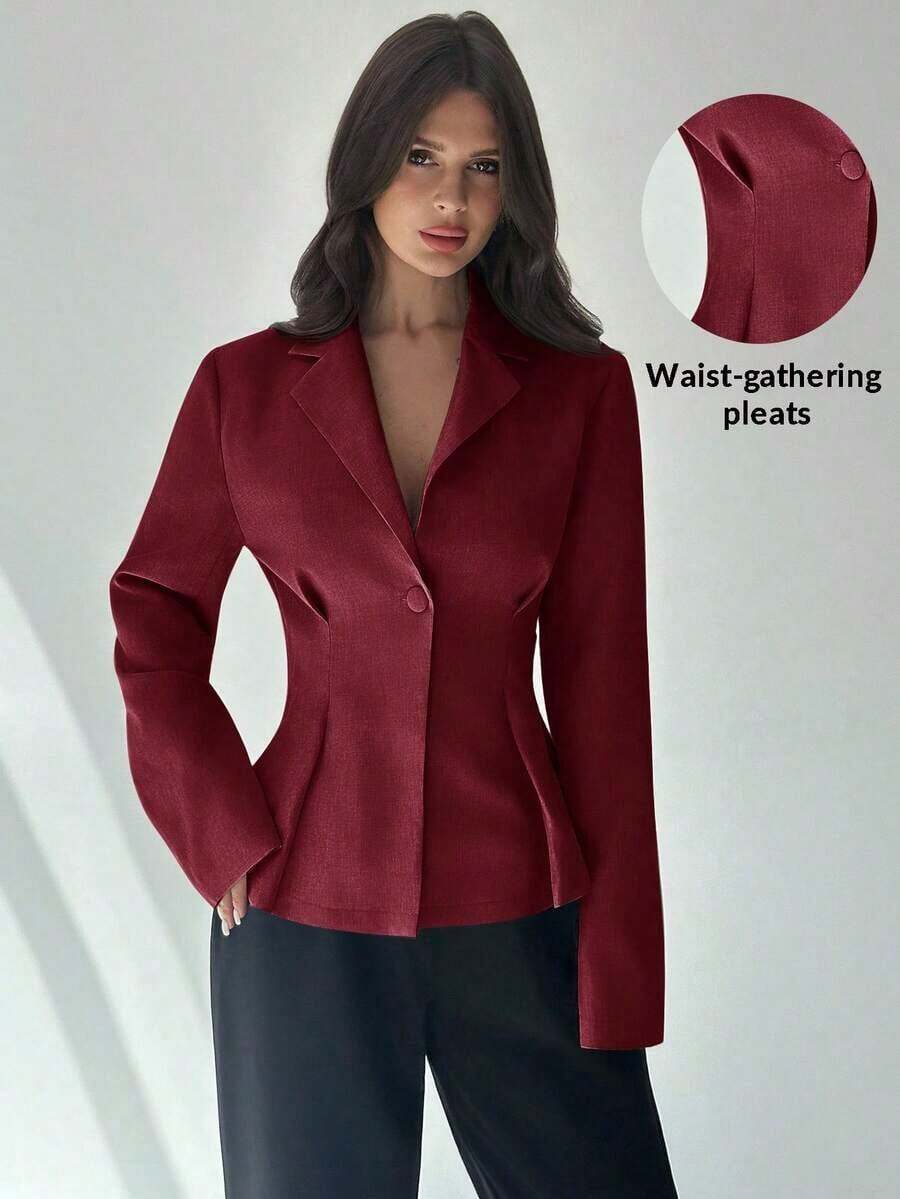 AYYFirerie Chaqueta delgada de lino con cintura, manga larga, cuello de solapa para mujer, color albaricoque para otoño/inviernoAYY - Burdeos - Ver 1