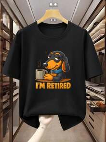 Men's T-Shirt Size% Cartoon Dachshund Holding Mug With Text I'RETIRED Comfortable And Casual Short Sleeve T-Shirt For Summer Daily Casual Round Neck Short Sleeve-Shirt Women - 黑色 - 查看 1