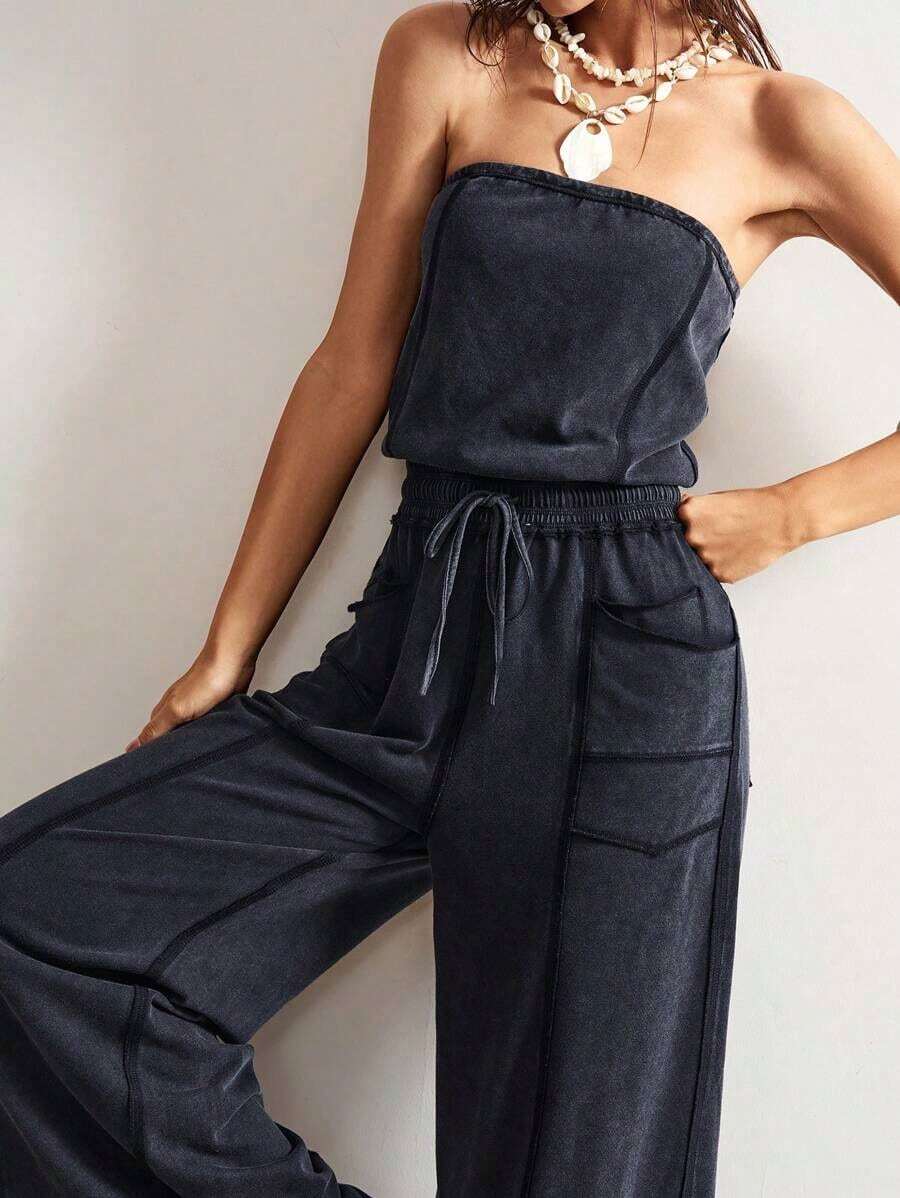 SUN Women's Knit Jumpsuit With Pockets And Adjustable Drawstring - 黑色 - 查看 1