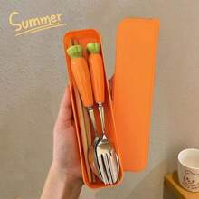 4pcs Carrot Ceramic Handle Portable Cutlery Set, Stainless Steel Chopsticks, Spoon, Fork, Box, Convenient For Students, Office, Outdoor - Orange - View 1
