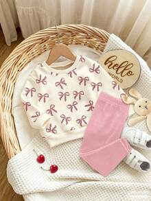 Young Girl Bow Pattern Print Crew Neck Sweatshirt And Leggings - Apricot - View 2