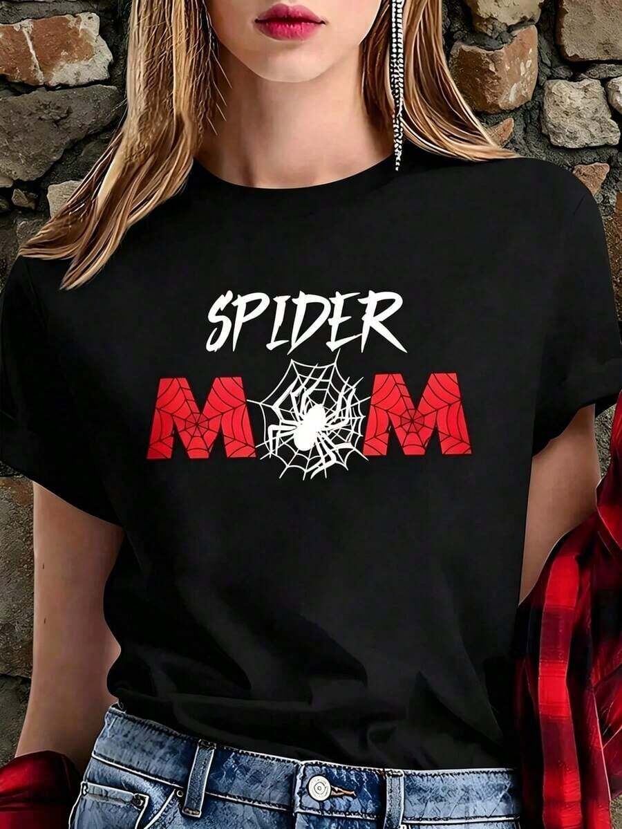 White T-Shirt With Funny Phrase "SPIDER MOM" And Red Spider, Dark Aesthetic Spiderweb Shirt, Casual Blouse Mother's Day Gift, Halloween Tops And Insect Print Pure-Cotton - 黑色 - 查看 1