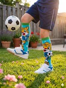 1 Pair Kids Calf Socks With Cartoon Leopard & 3D Football Decor, Casual Sports Socks For Daily, Holiday Wear, Suitable For Children Aged 3-12, All Season Gift - Baby Blue - View 3