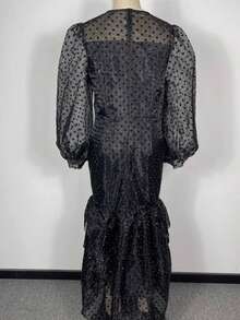 Temperament Fashion Bubble Flocking Polka Dot Sexy Large Size Dress - 黑色 - 查看 8