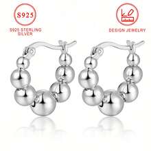 1pair 925 Sterling Silvery Pretty Tiny Silvery Beads Design Hoop Earrings Hypoallergenic Jewelry Elegant Leisure Style Classic Gifts For Women - 925 Silver - View 2