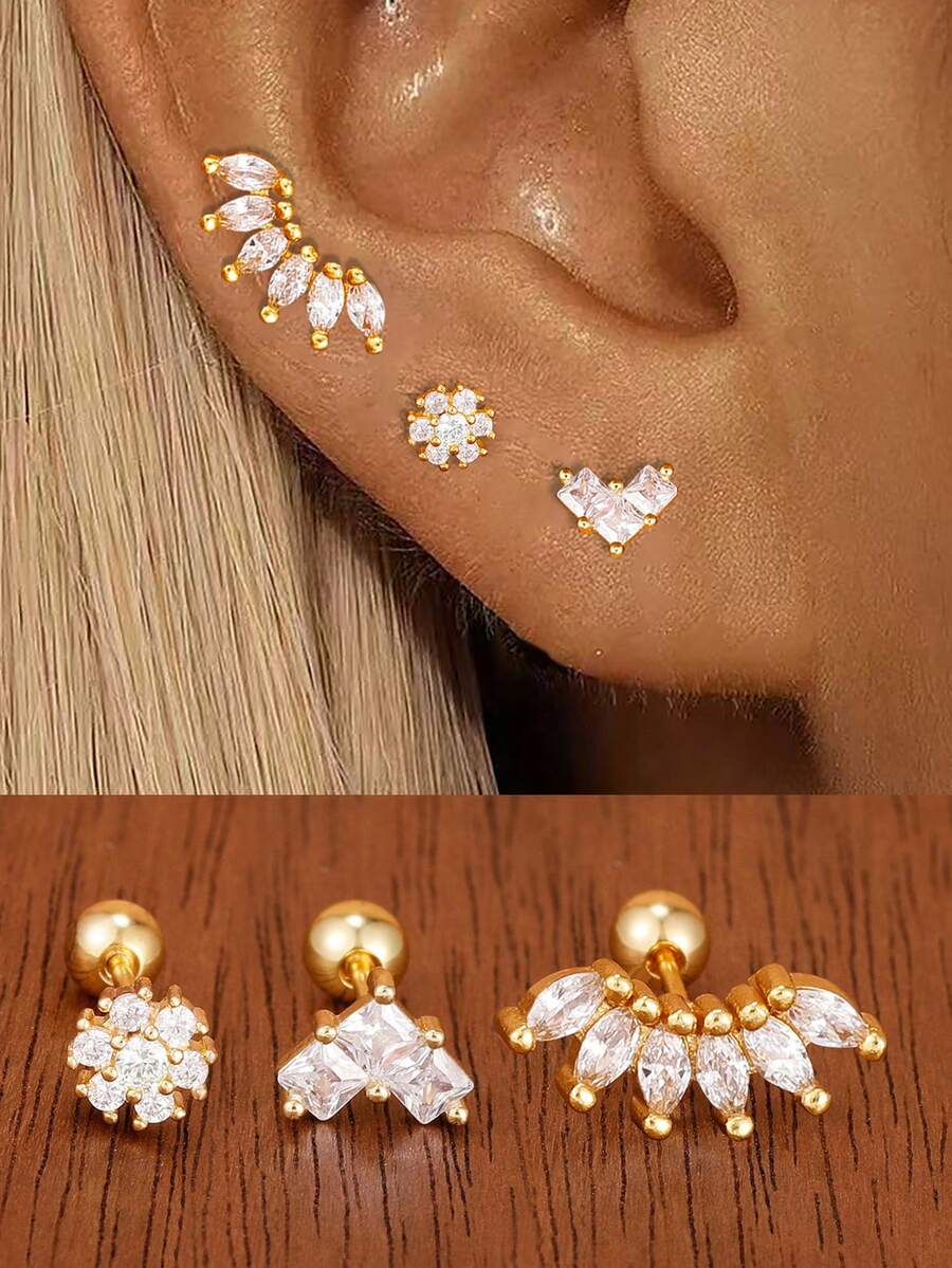 Bộ 3 khuyên tai bằng thép không gỉ mạ vàng 18K dành cho nữ, kiểu dáng hình trái tim và cánh hoa, trang sức thời trang. - 1 Vàng - 3 Cái - Xem 1