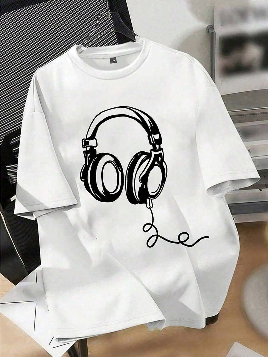 Camiseta Casual de Manga Corta para Niños con Estampado Gráfico de Auriculares - Camiseta de Cuello Redondo de Algodón Suave para Primavera, Verano y Otoño, Corte Regular, Ropa Casual - Blanco - Ver 1
