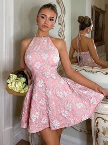Charm Vestido sin mangas elegante y minimalista de color rosa tejido con pliegues en los lados, adecuado para banquetes y fiestas de té - Rosa - Ver 3