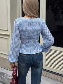 Camisa de manga larga con cuello redondo y cintura ceñida a cuadros, conjunto navideño para mujer, blusa casual con diseño plisado, cintura ajustada, camisa a cuadros elástica - Azul y blanco - Ver 6
