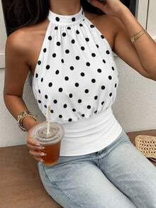 Jotten Women's Polka Dot Print High Neck Spaghetti Strap Tank Top, Sleeveless Waist-Cinched Slim Fit Camisole, Summer Casual Y2K Cropped Top, Aesthetic - Black and White - View 6