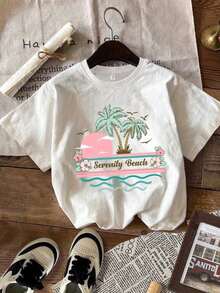 Personalized Summer Palm Tree T-Shirt, Beach Vibes & Beach Life, Cotton, Y2K Style, Beach, Travel Gift Idea - 白色 - 查看 1