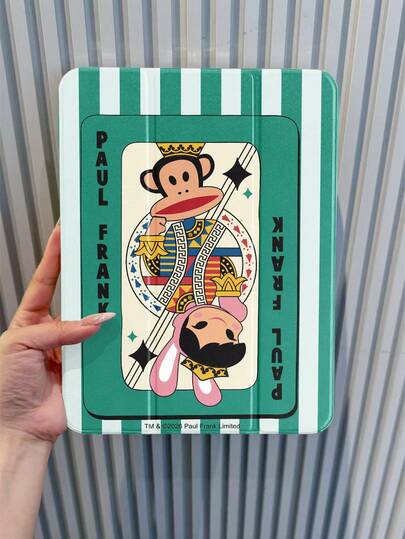  Funda para tableta con estilo de naipes retro con patrón de mono de Paul Frank, funda con tapa a rayas verdes y blancas a prueba de golpes con ranura para bolígrafo, compatible con iPad de 10.2 pulgadas, Pro de 11 pulgadas (2021/2020/2022), Air, con soporte plegable triple, protección de borde suave, anti-caída y anti-arañazos, no incluye lápiz stylus