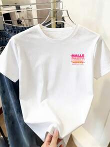 Women's Short-Sleeved T-Shirt With A Crew Neck And MALLE PARTY CREW Letter Print, Made Of 100% Cotton, With A Double Print On The Chest And Back. Casual And Comfortable Fabric, Suitable For All Seasons; Can Be Worn As A Base Layer In Spring And Autumn Or On Its Own In Summer. Neutral Style,  Heavyweight Cotton City Boy Style T-Shirt. - 白色 - 查看 3