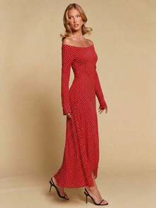 Vestido de mujer de cuello en V elegante, de manga larga, de unicolor, con dobladillo irregular, versátil para ir al trabajo, la oficina, salir, fiestas, bodas y la playa - Rojo - Ver 4