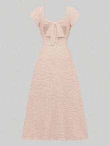 Vestido largo elegante y delgado de unicolor con espalda descubierta, lazo y mangas de loto con abertura alta, para vacaciones y citas en primavera/verano - Rosa - Ver 8