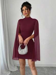 Vestido de capa ajustada con cuello mao de unicolor - Rojo cereza - Ver 5