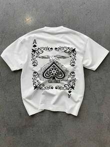 Camiseta de manga corta con cuello redondo, corte holgado y hombros caídos, estilo vintage retro gótico, inspirada en el tatuaje de motociclista, estilo punk urbano Y2K, informal, para salir, conciertos, clubes, festivales, fiestas, transpirable, ligera, estilo OOTD, de la marca Manfinity Roughcore para hombre, color blanco con estampado de as de pica y águila, adecuada para el verano, informal, conciertos, festivales de música. - Blanco - Ver 2