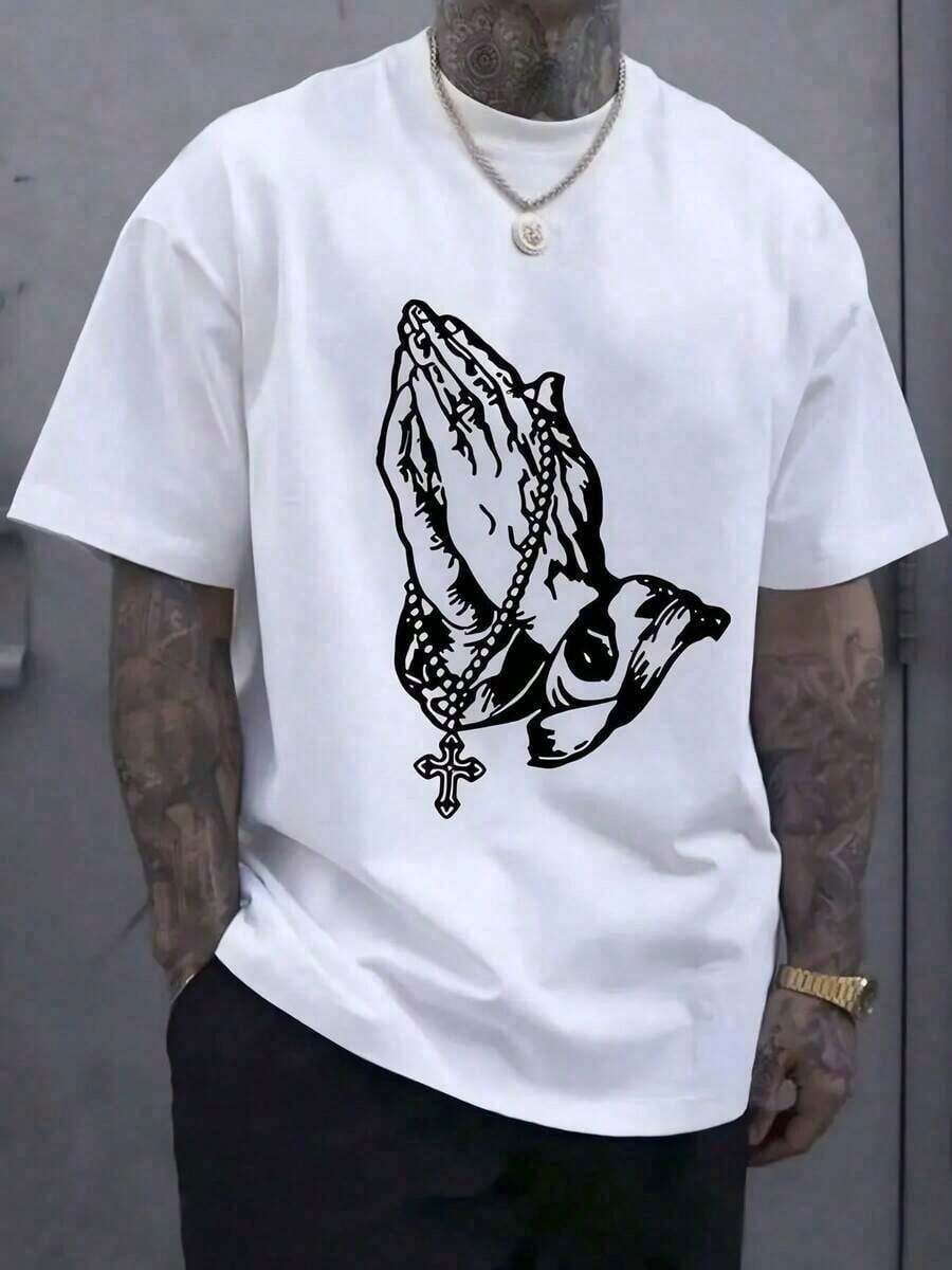 Men's Prayer Print Short Sleeve T-Shirt - 100%, Relaxed Fit, Breathable, Bold Black Graphic Design, Machine Washable, Casual Shirt For Casual Outfits, Leisure Wear, Crew Neck. - 白色 - 查看 1