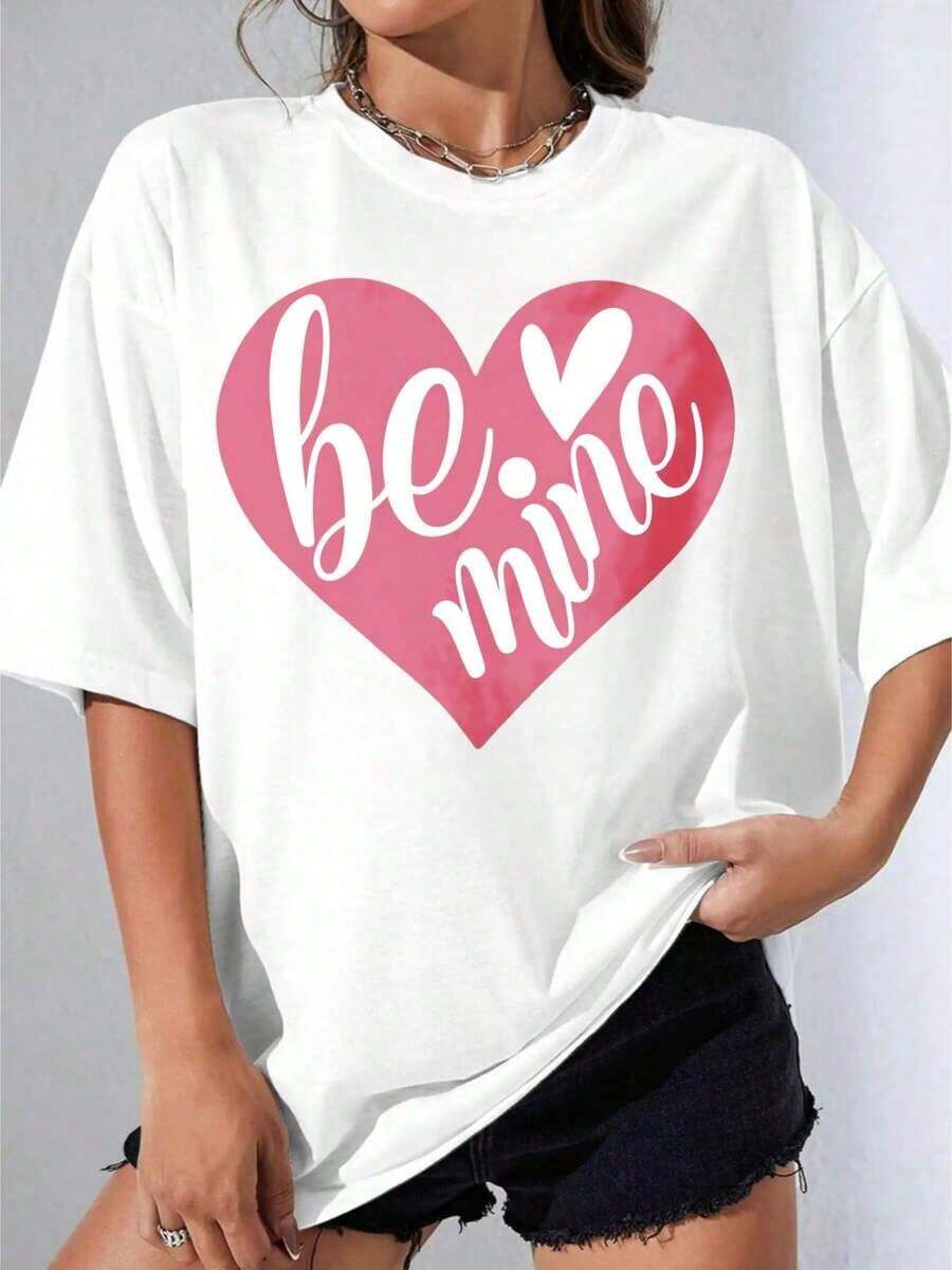 Women's Black And White T-Shirt, Oversized White T-Shirt With "Be Mine" Heart Print, Casual Top For Valentine's Day, Outdoor Parties, Casual Printed T-Shirt - 白色 - 查看 1