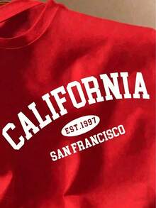 Men's Plus Size Short-Sleeve Crew Neck T-Shirt With A Slim Fit And Contrasting California Letter Print. This  Casual Style Is Perfect For Dates, Meetings, And Everyday Wear. It's Ideal For Couples And Families, And Makes A Great Gift For Boyfriends. - 紅色 - 查看 3