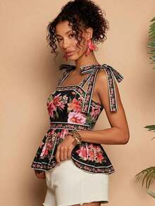 Parte superior de tirantes con estampado floral para mujer, conjunto casual de vacaciones, para verano, vacaciones de primavera, fiesta, playa, primavera, Día de San Valentín, Carnaval, elegante, floral, Carnaval, de primavera a verano, fiesta, parte superior de verano, parte superior del Día de San Valentín, parte superior para invitada de boda, parte superior de cumpleaños, parte superior de fiesta, parte superior elegante para mujer, parte superior floral, parte superior de verano, disfraz de Carnaval, parte superior de estilo mexicano bohemio para mujer - Negro - Ver 6