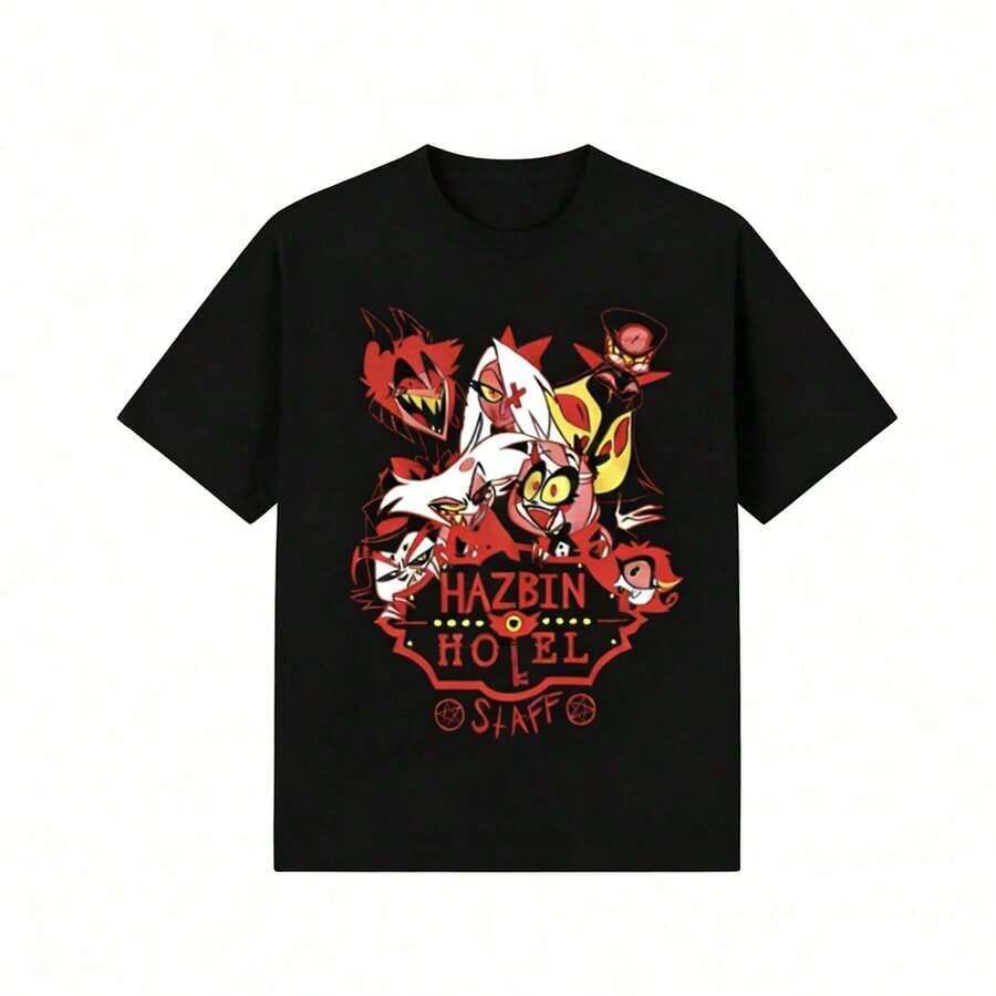 Hazbin Hotels Alastor X Charlie Couple T-Shirt, Anime Fanart Print Casual Tee. Suitable As A Gift. Women's T-Shirt. Elegant Blouses. Boho Chic. Soft, Breathable, And Comfortable Women's Top, Ideal For Spring, Summer, And Autumn, Perfect For Vacations, Travel, And Everyday Wear. - 黑色19 - 查看 1