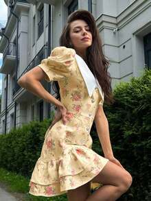 Spring/Summer Casual Style Dress With Collar, Front Buttons, Tie Back And Tie-Dye Print, For Everyday Wear, Western Style, Bohemian, Music Festivals, Vacation, Fairycore Style, Elegant For Women - 橘色 - 查看 11