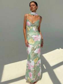Vestido de tirantes con estampado floral elegante y espalda descubierta, adecuado para verano, playa y citas - Albaricoque - Ver 11