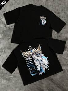 Lion Head With Golden Crown And Blue Jewels Symbolizes Strength, Wisdom, And Inner Leadership With Details That Reflect Power And Elegance. Men's Double-Sided T-Shirt With Modern Print And Comfortable Fit - 黑色 - 查看 8