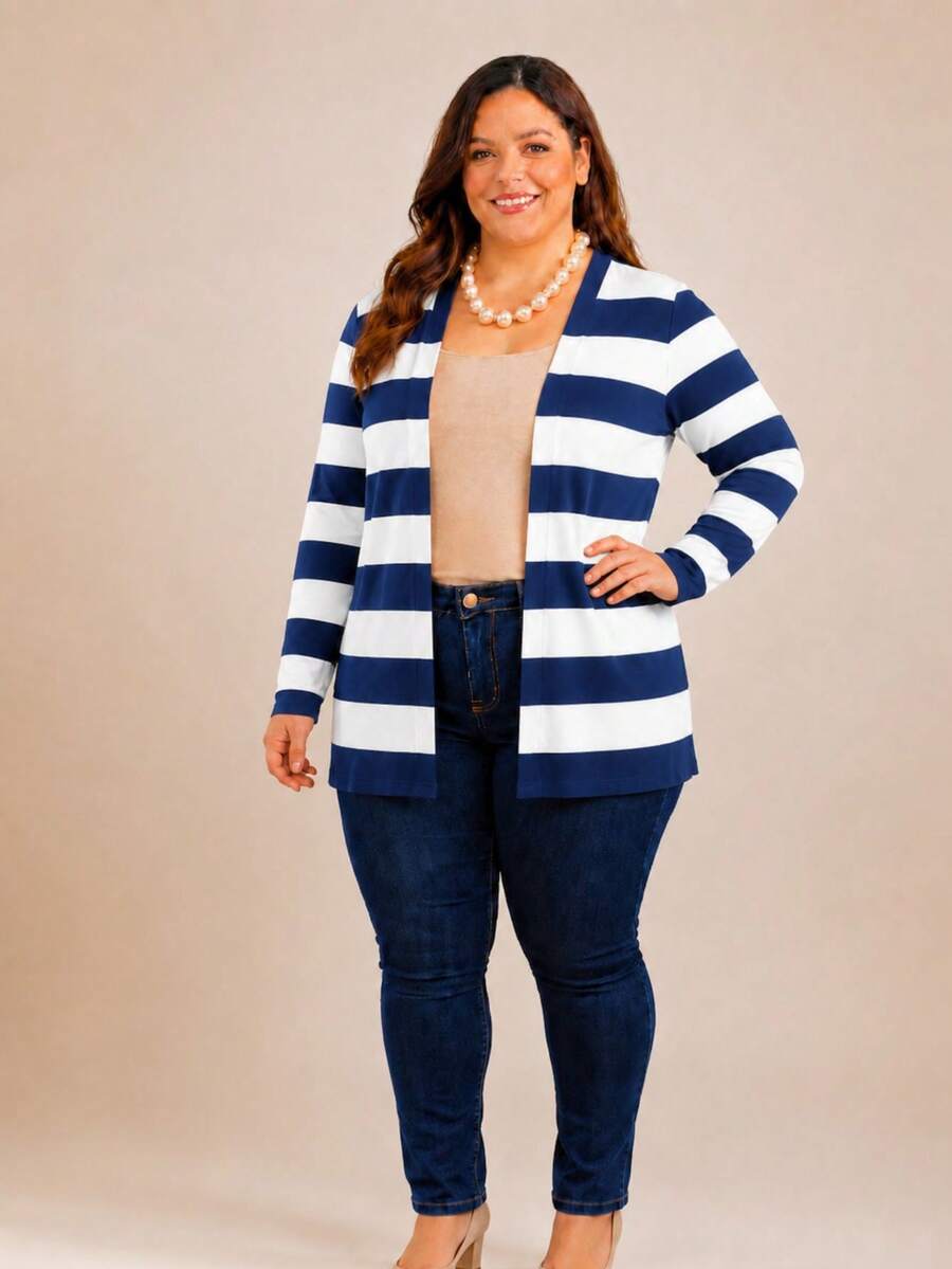 Comfortable Plus Size Striped Viscose/Lycra Cardigan For Mid-Season - Xanh đậm - Xem 1