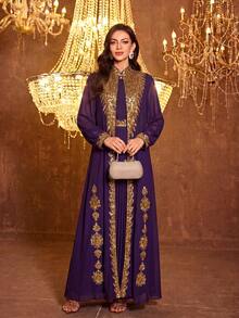 SUPGIR Women's Long Sleeve Applique Belt Sequin Chiffon Dress - Purple - View 2