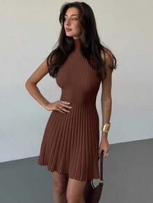 AYYAloruh Vestido de punto acanalado de línea A sin mangas con cuello mínimo para mujerAYY - Café integral - Ver 4