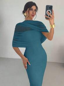 Vestido ajustado con cuello de volantes, cintura plisada y asimétrico, color amarillo sólido elegante y romántico.Atuendo para playa, aeropuerto, vacaciones y maestros. - Agua verde azul - Ver 4