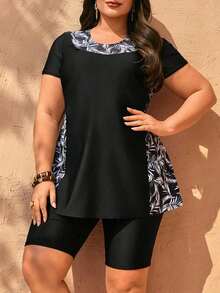 Swim  Conjunto de 2 piezas de traje de baño modesto y estilizador para mujer talla grande, con estampado de hojas en blanco y negro aleatorio y parches de unicolor, cuello alto, cintura alta, shorts y top de manga corta, para vacaciones y uso diario casual - Negro - Ver 3