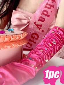 Themed Long Satin Gloves, Hot Pink Ruched Design, Elegant Accessory For Cosplay, Birthday Parties, Themed Events, Bridal Showers & Photo Shoots - Gloves. - View 10