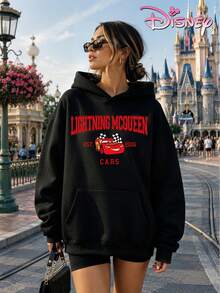 Disney Women's Loose-Fitting Hooded Sweatshirt With Lightning McQueen Print From Cars, Classic American Style, Comfortable And Versatile For Everyday Wear, Suitable For Various Occasions. - màu đen - Xem 2