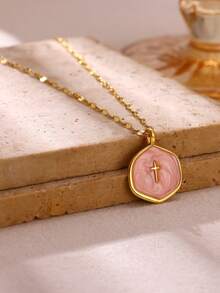 1 Stück modische rosa Tropfenöl Kreuz runde Anhänger Halskette für Frauen, goldfarbene geometrische Halskette, Hip Hop Party Schmuck Geschenk - Verschiedenfarbig - Übersicht 5