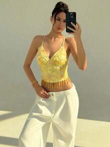 Nueva colección de primavera/verano: Parte superior blanca con flecos y lentejuelas casual y elegante, perfecta para looks inspirados en el romanticismo y el estilo bohemio para el día a día, ir al trabajo, viajar y citas. Ideal para vacaciones de verano en la playa, estilos bohemios, festivales tropicales, conciertos de música country, looks inspirados en Ibiza y atuendos con estilo occidental; conjuntos para vacaciones en la playa; atuendo para invitados de boda en la playa; conjuntos románticos y elegantes adecuados para el hogar, salidas, la playa, looks de moda, ropa casual, ir al trabajo, vacaciones y ocasiones románticas. - Amarillo - Ver 5