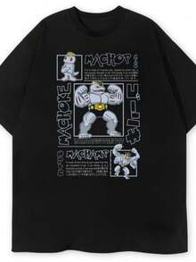 Camisetas De Mujer Anime Pokon Machop Vintage T-Shirt Men's And Women's Cotton Summer Clothing Breathable Fashion Round Neck Short Sleeve Top - 黑色 - 查看 1