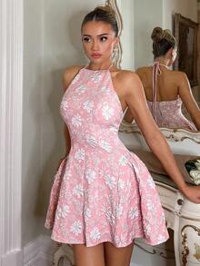 Charm Vestido sin mangas elegante y minimalista de color rosa tejido con pliegues en los lados, adecuado para banquetes y fiestas de té - Rosa - Ver 5