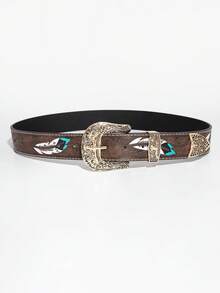 1pc Western Embossed Handpainted Y-Shaped Ox Head Element Buckle Metal Buckle Version Women's Decorative Belt, Bohemian Style - Coffee Brown - Bull's Head - View 4