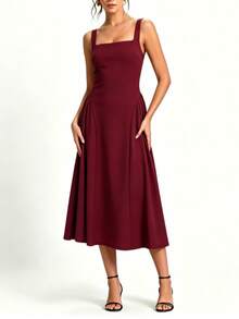 WOWDARK Women Simple Solid Square Neck A-Line Strap Dress, Autumn - Red - View 2