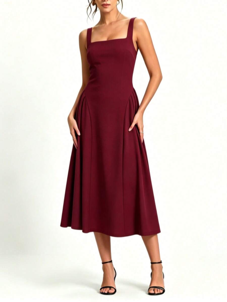 WOWDARK Women Simple Solid Square Neck A-Line Strap Dress, Autumn