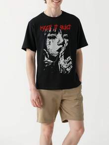 Camiseta de manga corta casual de verano para hombre con retrato de personaje gótico 'Keep It Quiet' IXSP - Negro - Ver 1